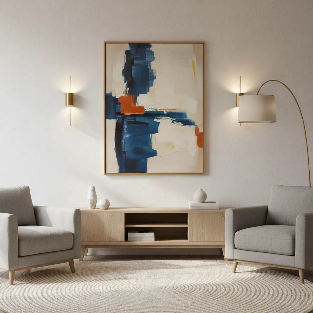framed artwork centered between two wall sconces in a living room