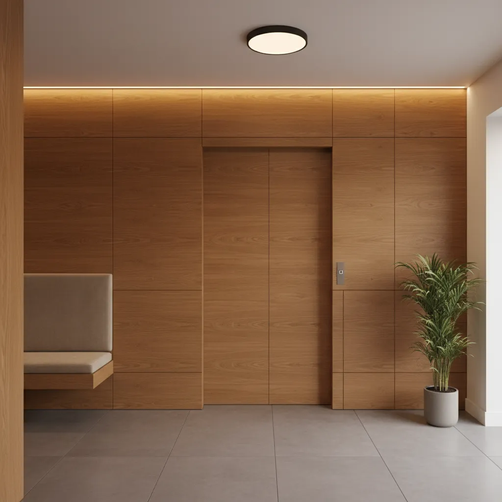 Ascensor doméstico integrado en una pared de madera con diseño minimalista