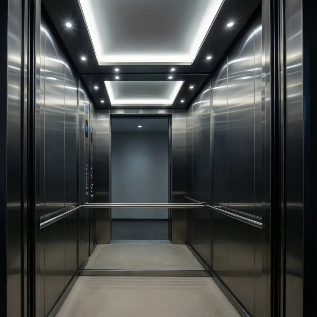 Ascensor moderno con iluminación LED en techo y paredes