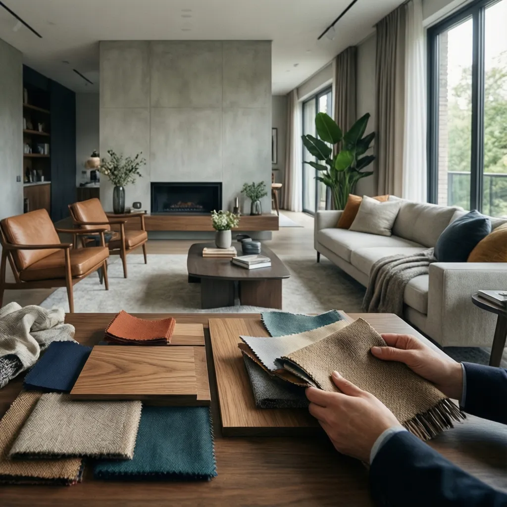 diseñadora revisando muestras de materiales en un salón moderno