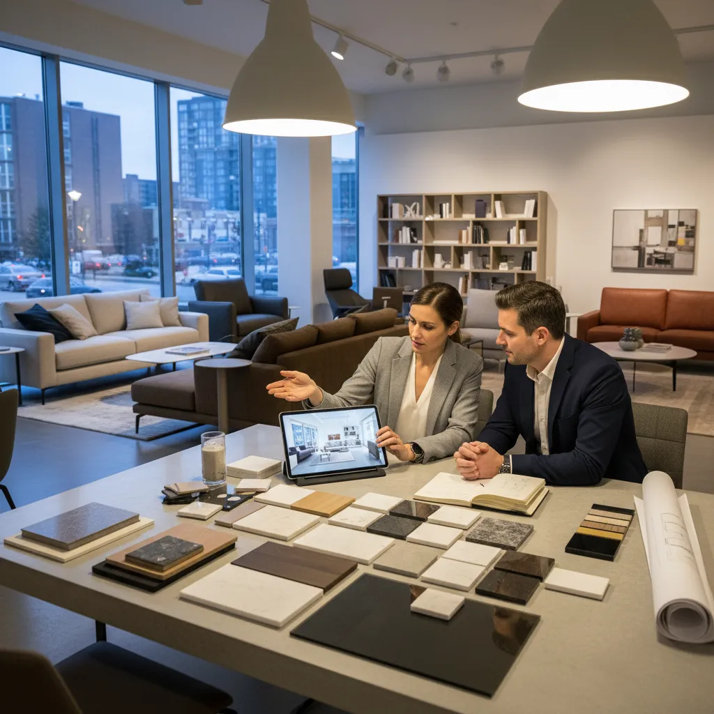 Cliente hablando con diseñador en una tienda de muebles de diseño