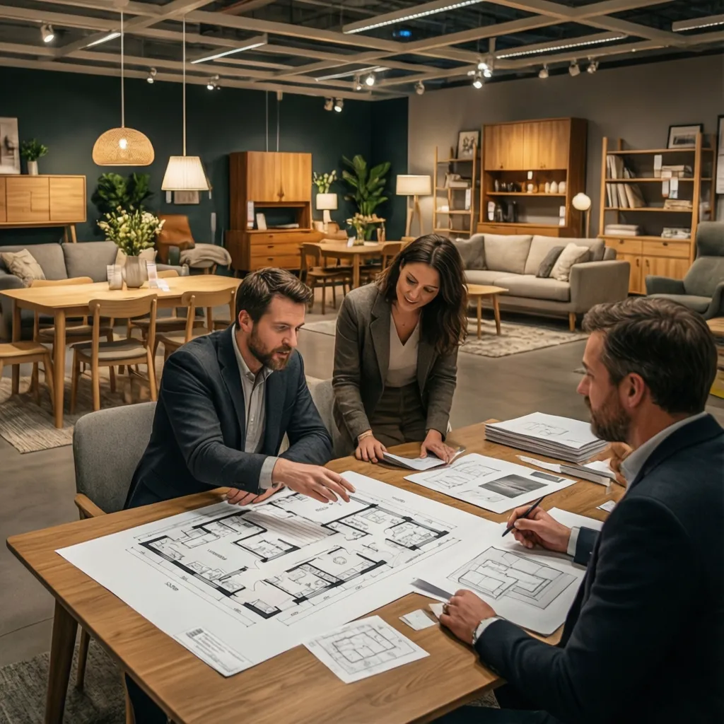 Diseñador asesorando a clientes sobre distribución de muebles