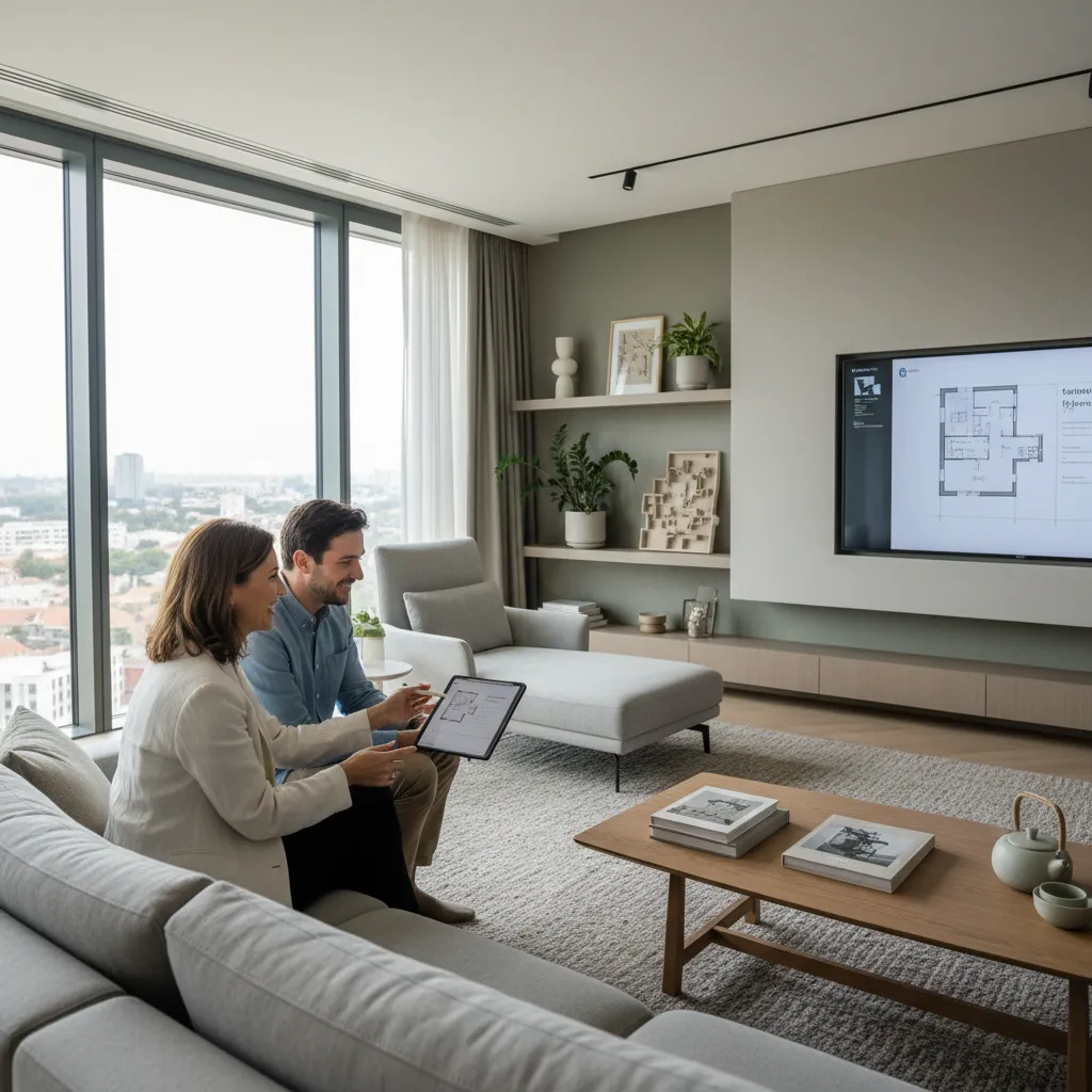 Decorador asesorando a una pareja en el salón de su casa