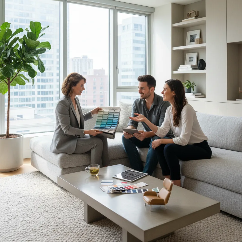 Professional designer showing color samples to a couple sitting on a sofa in bright room