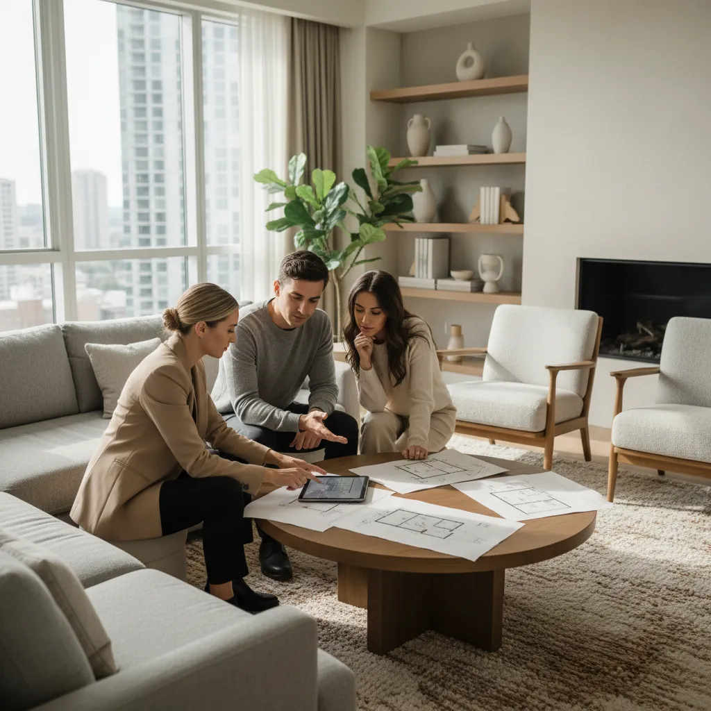 Interior designer showing tablet and floor plans to a couple in a modern living room