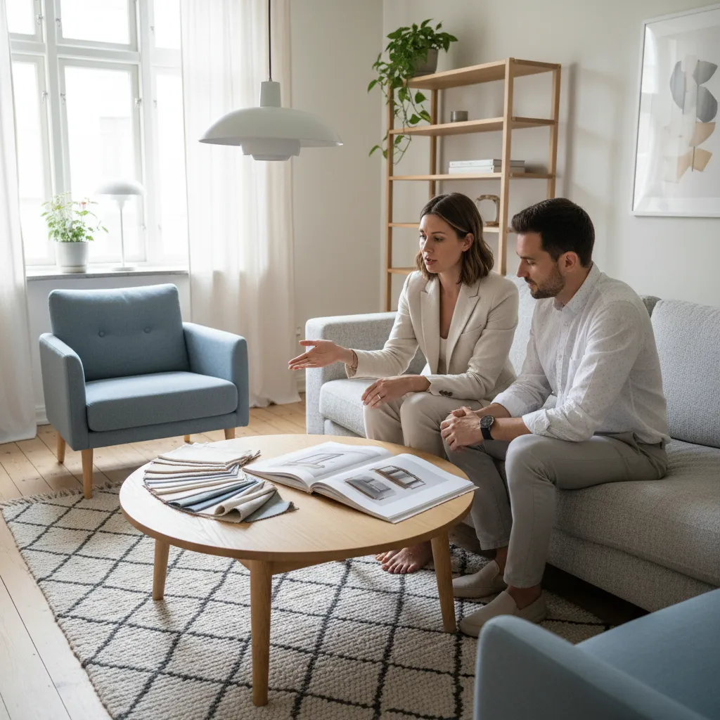 Diseñador mostrando opciones de decoración para un living
