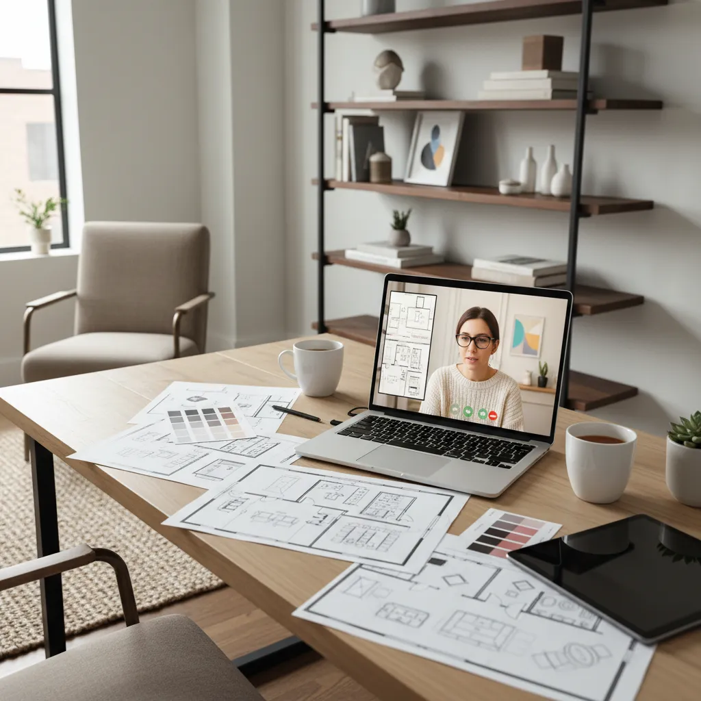 Diseñador de interiores realizando una asesoría online con planos de una sala