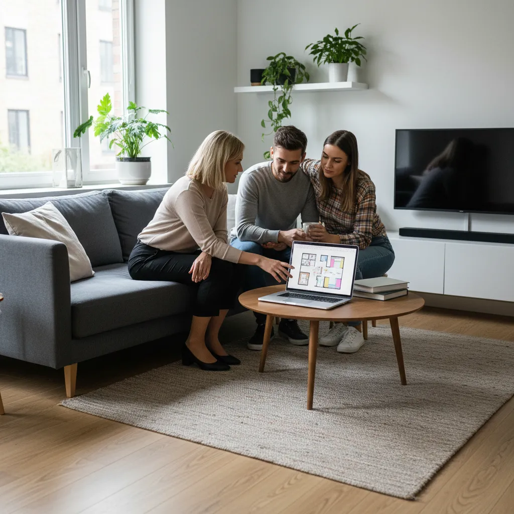 Interior designer shows a floor plan on a laptop to a couple sitting on sofa