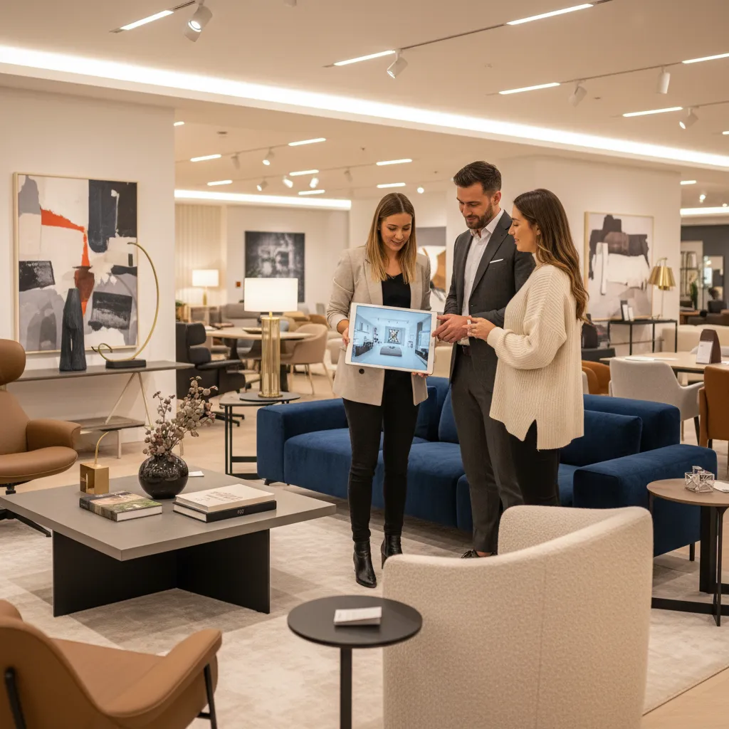 Diseñador asesorando a clientes en tienda de interiorismo