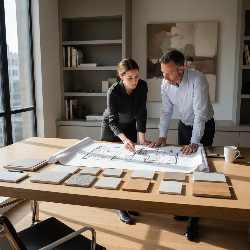 Two professional designers examining a paper room layout with various material samples on a table