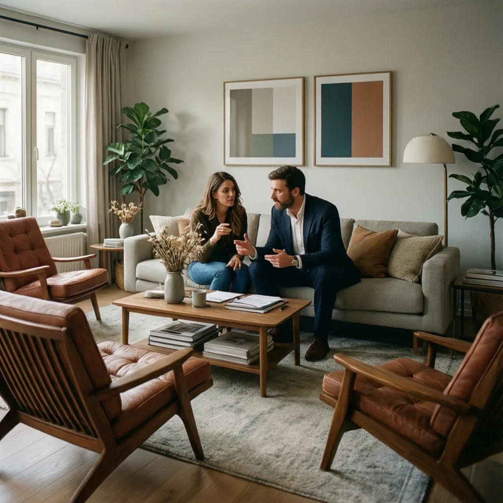 Diseñador de interiores asesorando a una pareja en su sala
