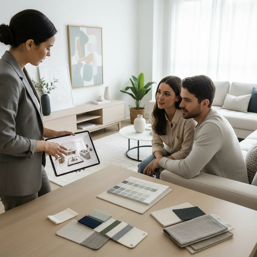 Diseñador mostrando ideas de decoración a clientes en una sala moderna