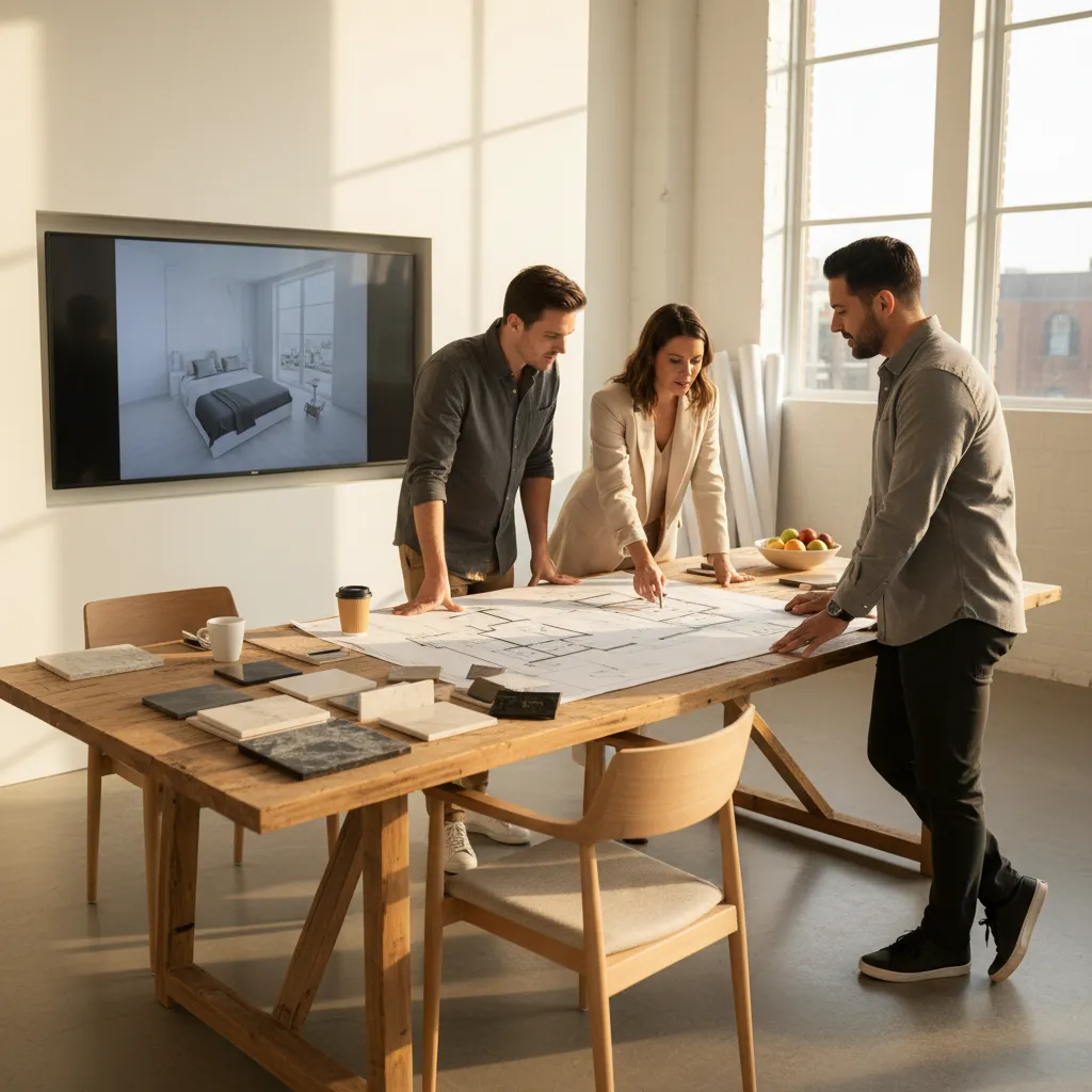 Interiorista mostrando planos de diseño a un cliente en una mesa de trabajo