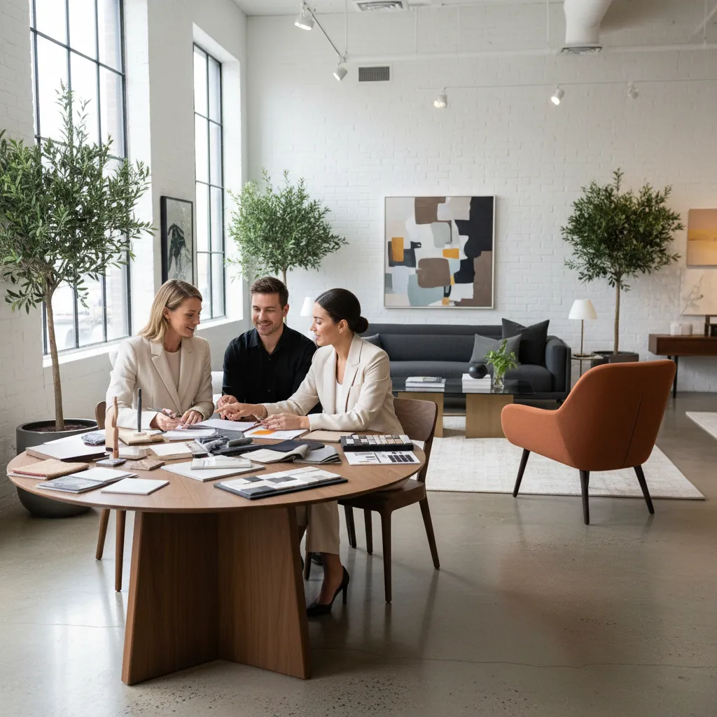 Interiorista asesorando a clientes en una tienda de mobiliario de diseño