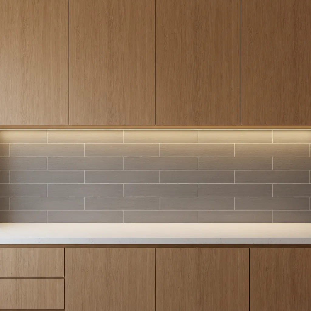 modern kitchen backsplash using ash gray tiles behind countertop