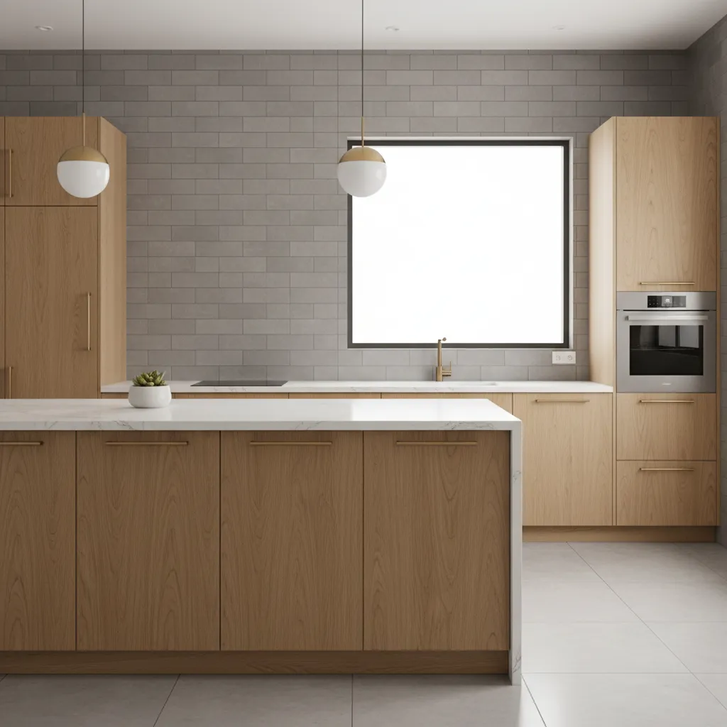 ash wall tiles paired with warm wood kitchen cabinets