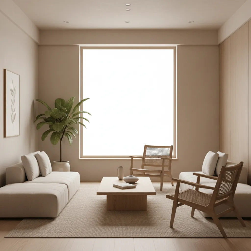 Asian inspired modern living room with neutral palette wood furniture and natural lighting