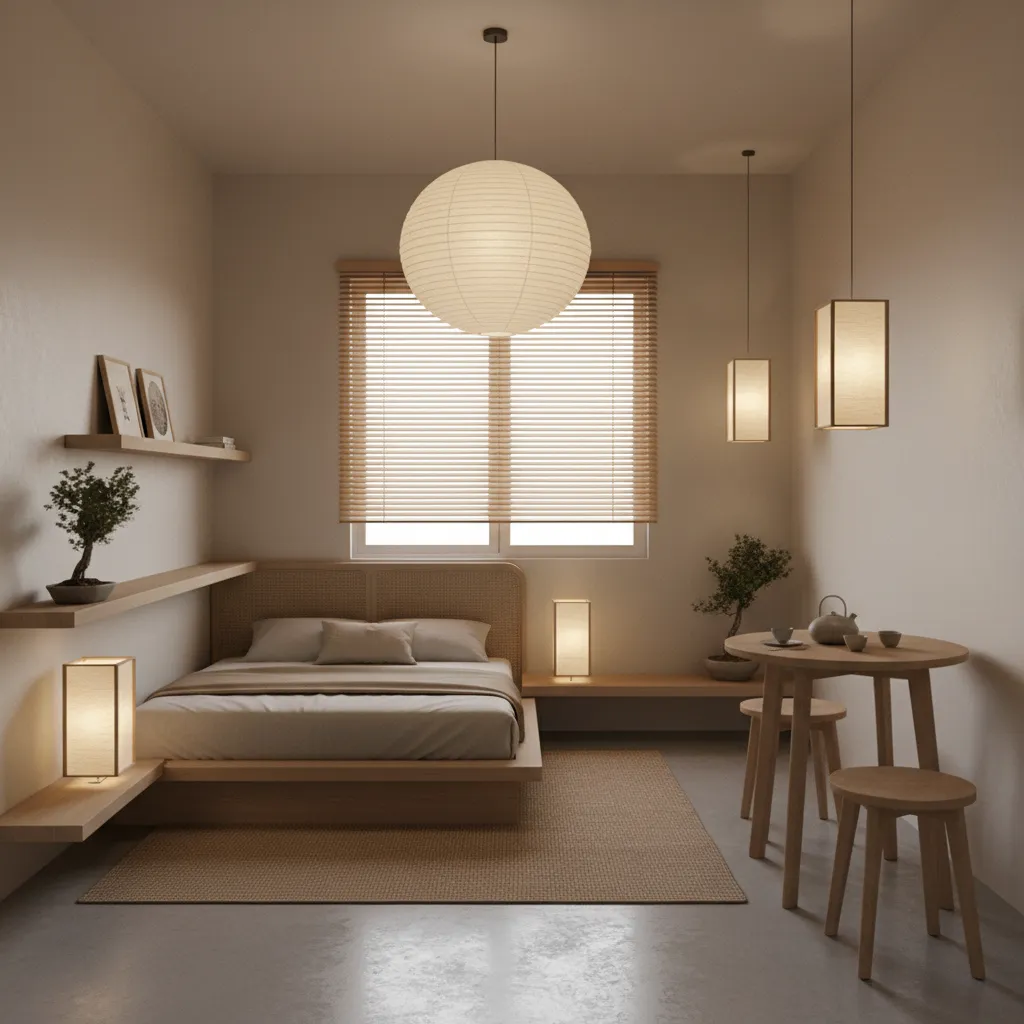 Neutral color palette in an Asian inspired small apartment interior