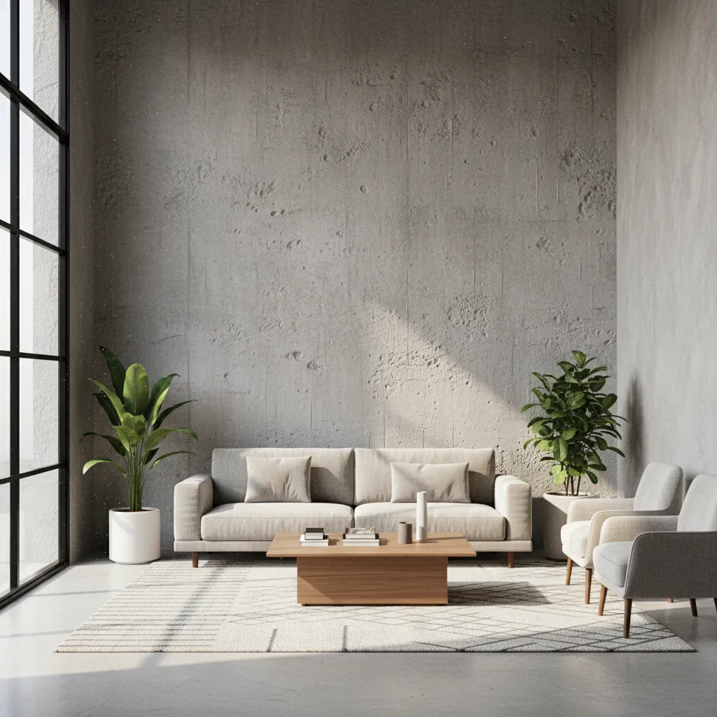 Concrete style Asian Paints texture wall behind modern living room furniture