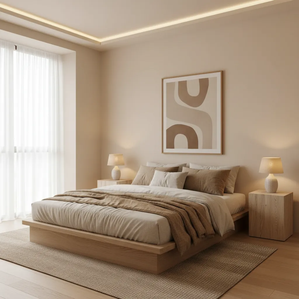 modern bedroom with soft neutral asian paints color palette and warm lighting