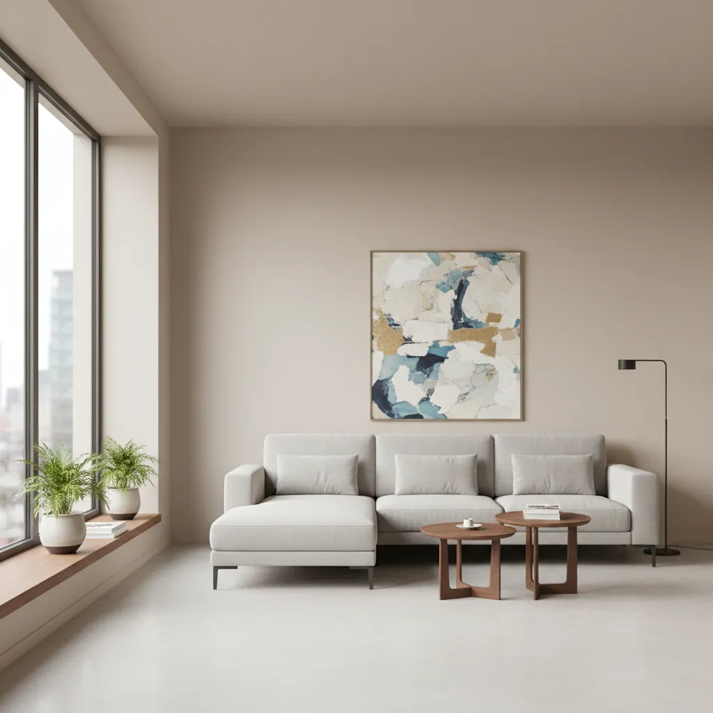 Bright modern living room with neutral Asian Paints Royale wall colors and soft natural lighting
