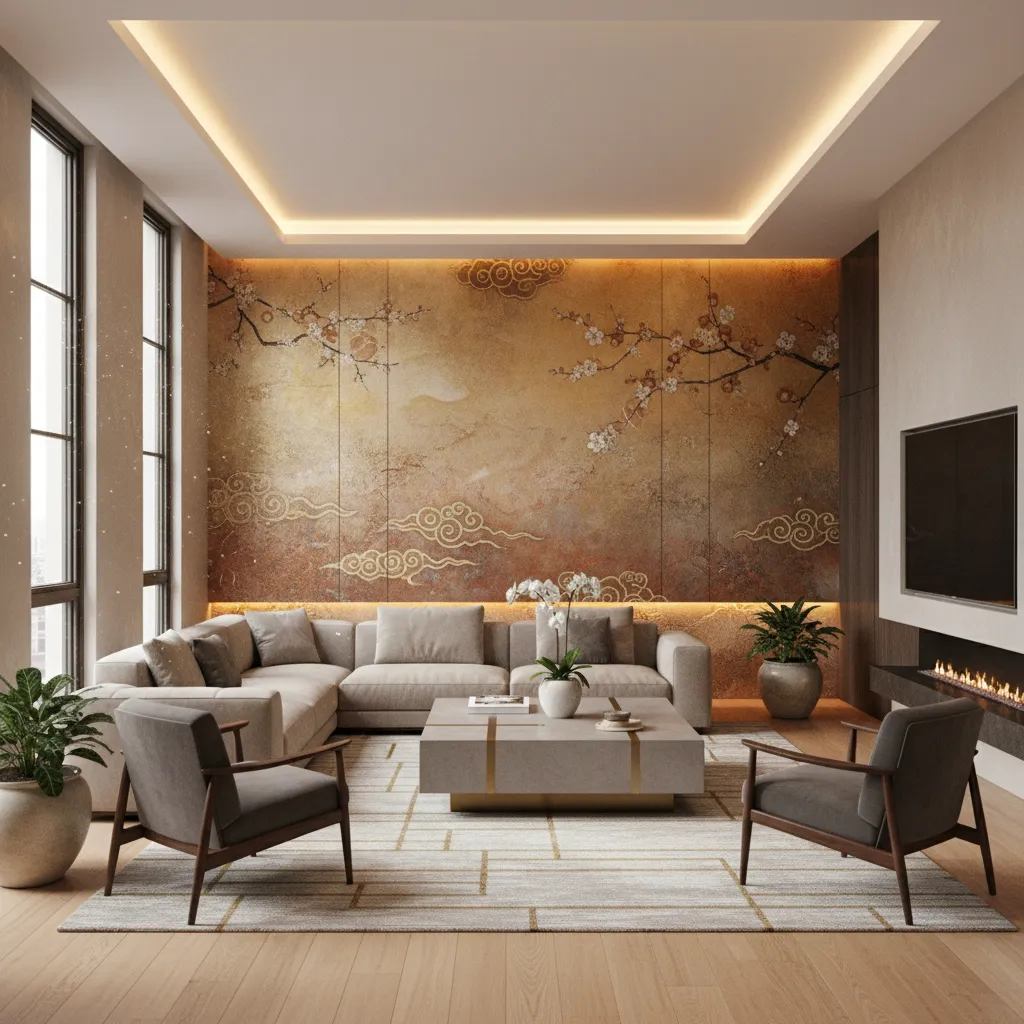Spacious living room with floral wall art sofa two chairs coffee table fireplace and windows