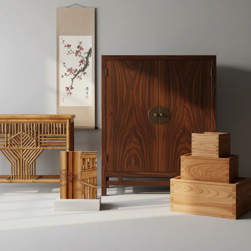 Traditional Asian wood furniture materials including elm and bamboo