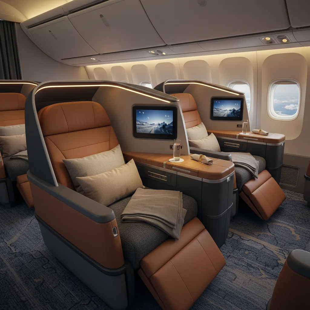 Premium airplane seating with brown leather chairs, gray pillows, small screens, and windows showing clouds