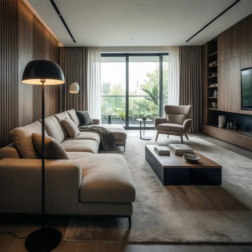 Distribución asimétrica de muebles en un salón moderno