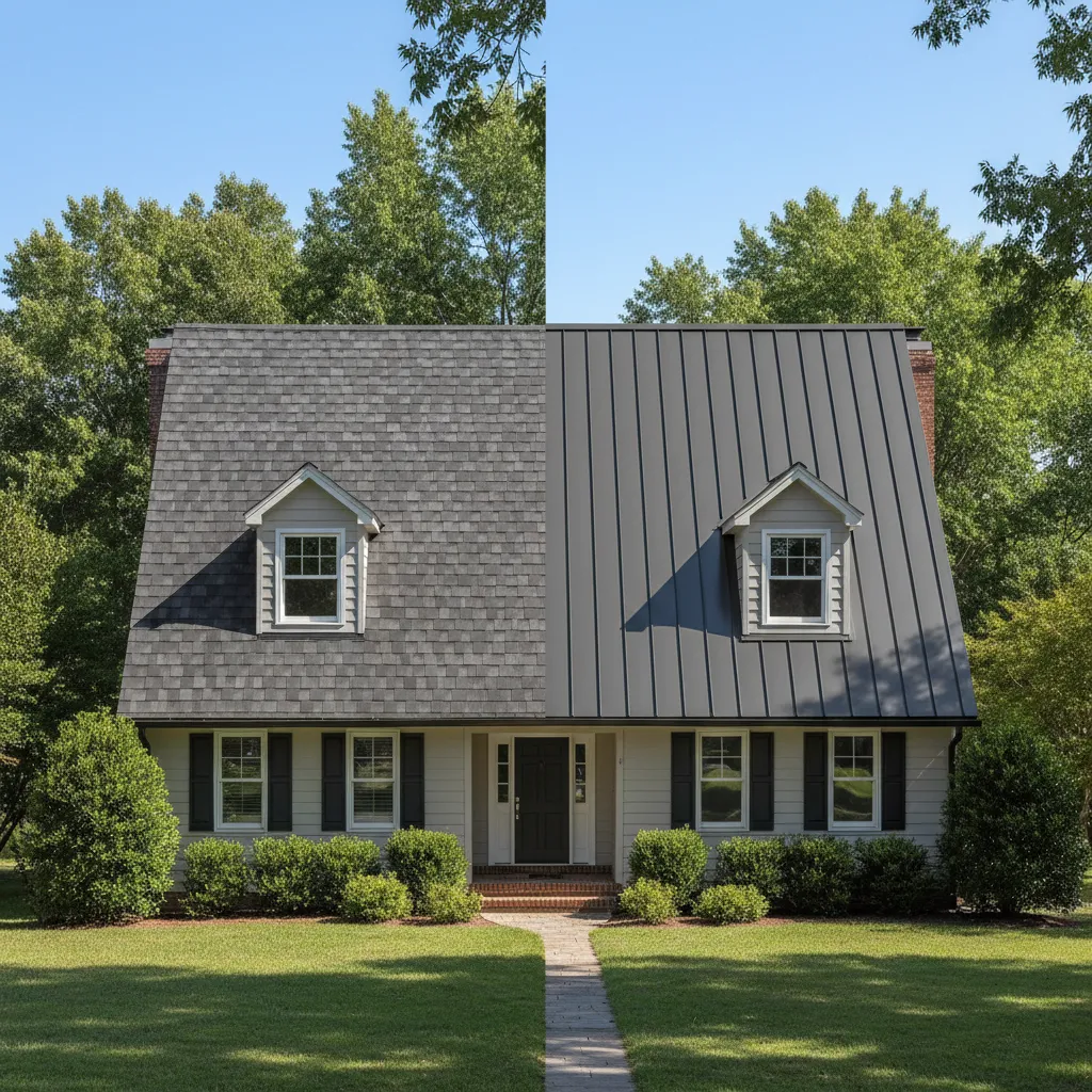 House roof comparison between asphalt shingles and metal roofing