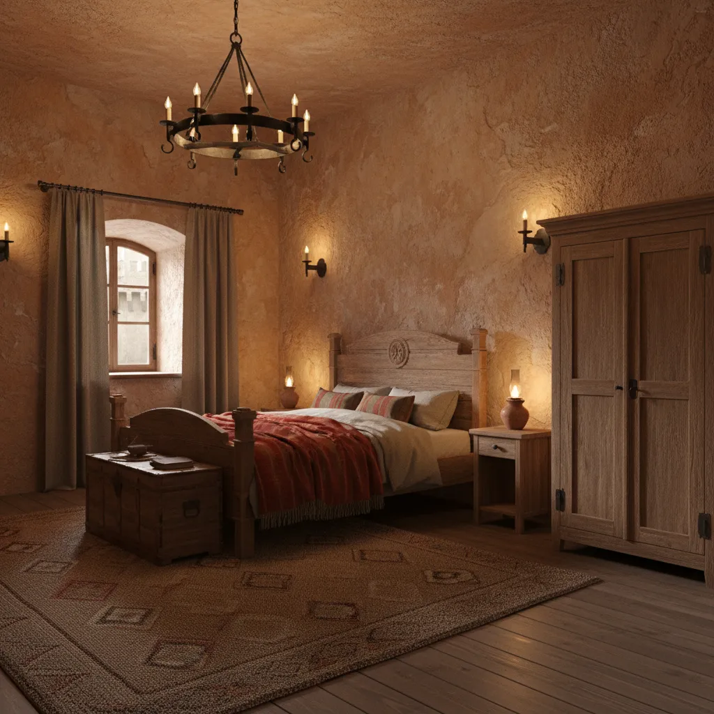 bedroom inspired by assassin's creed aesthetic with warm lighting and textured walls