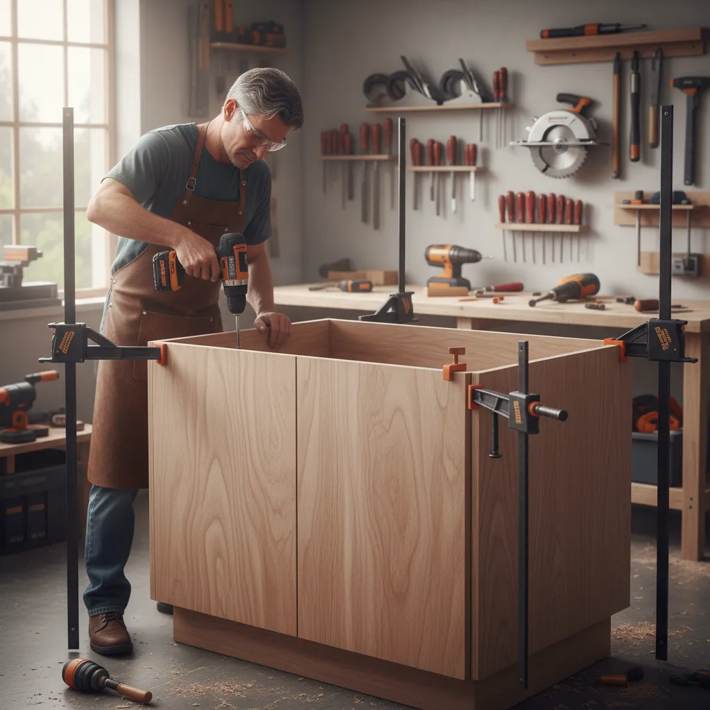 Man using power drill to assemble wooden kitchen cabinet frame held by clamps in workshop