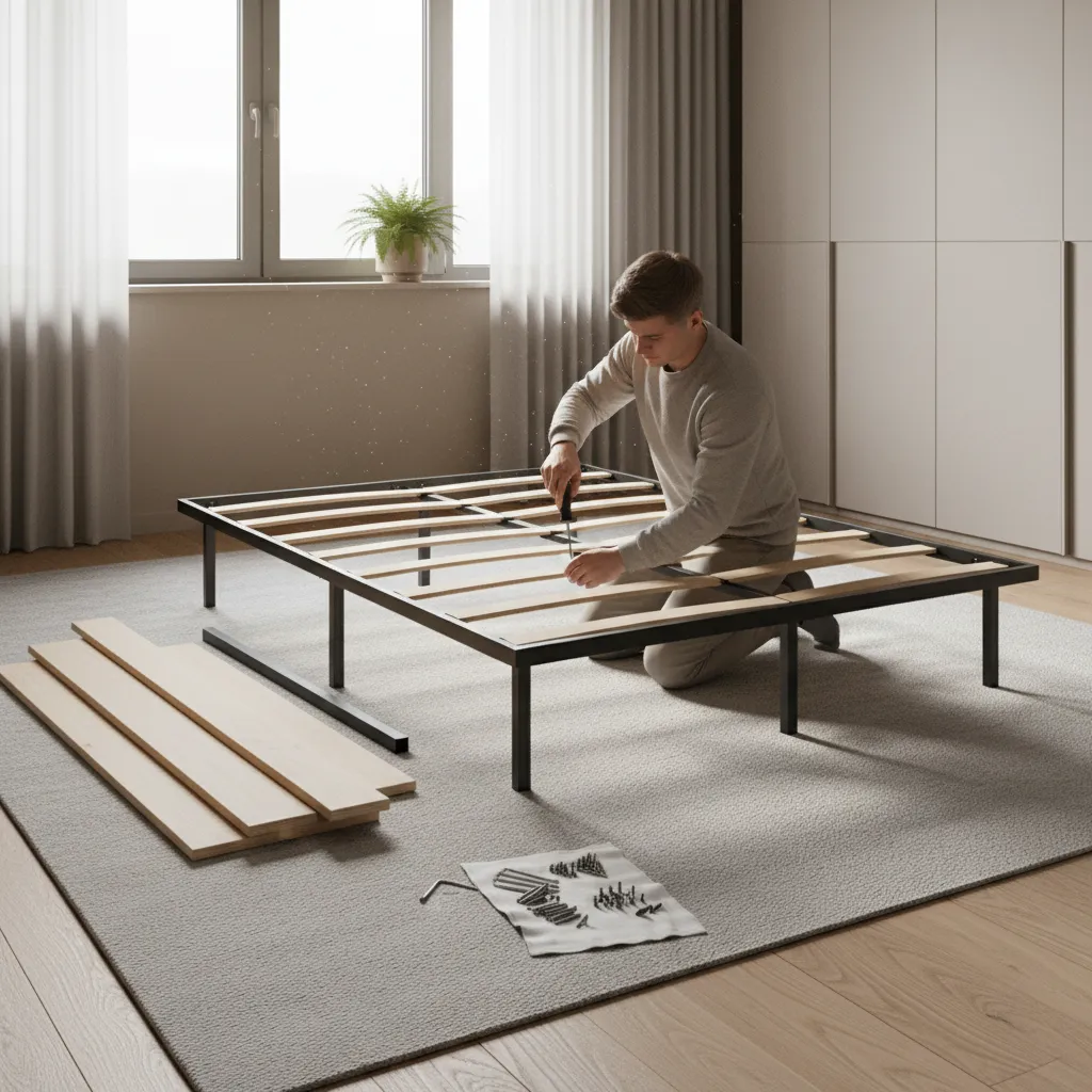 person assembling flat pack bed frame with tools in apartment bedroom