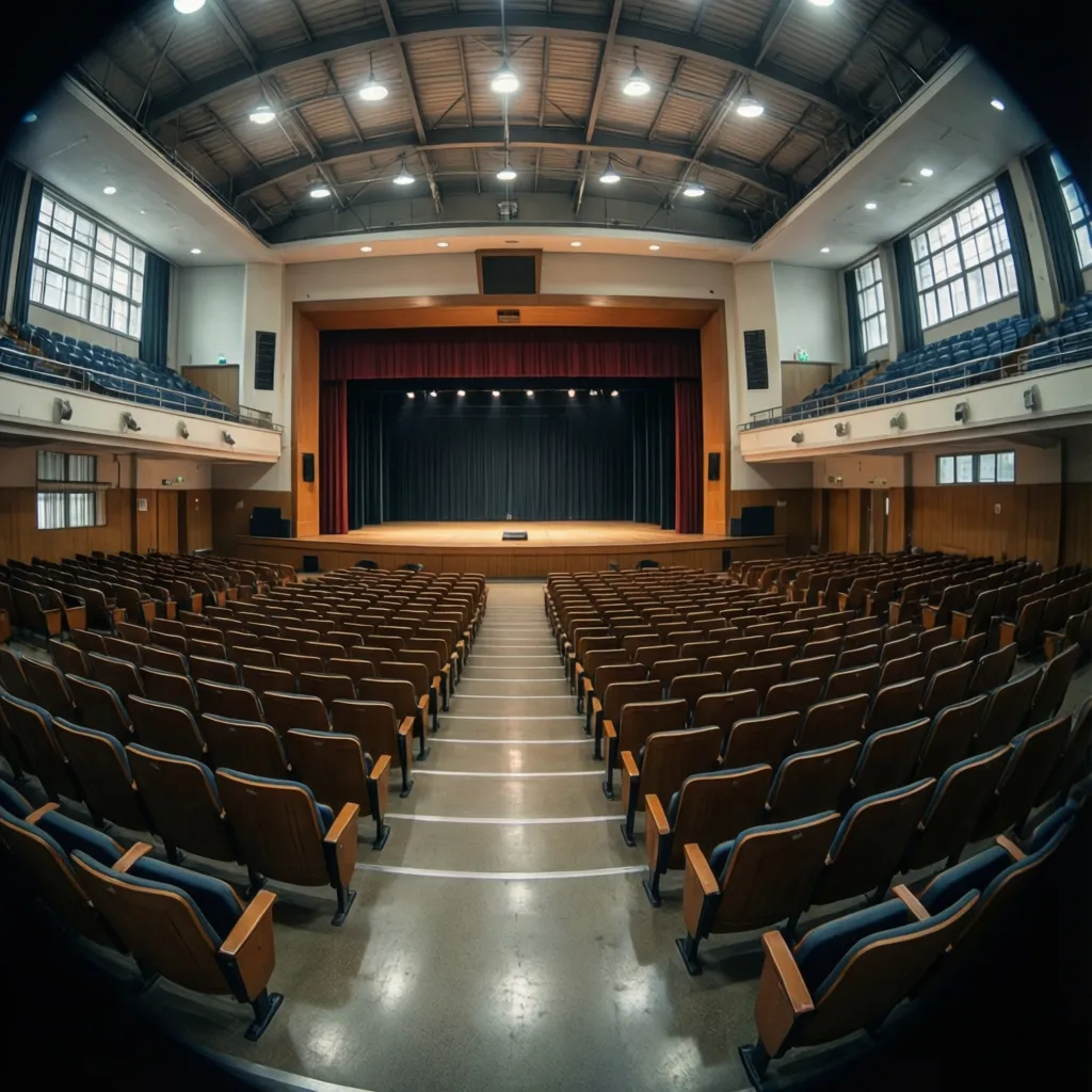large school assembly hall with seating and stage