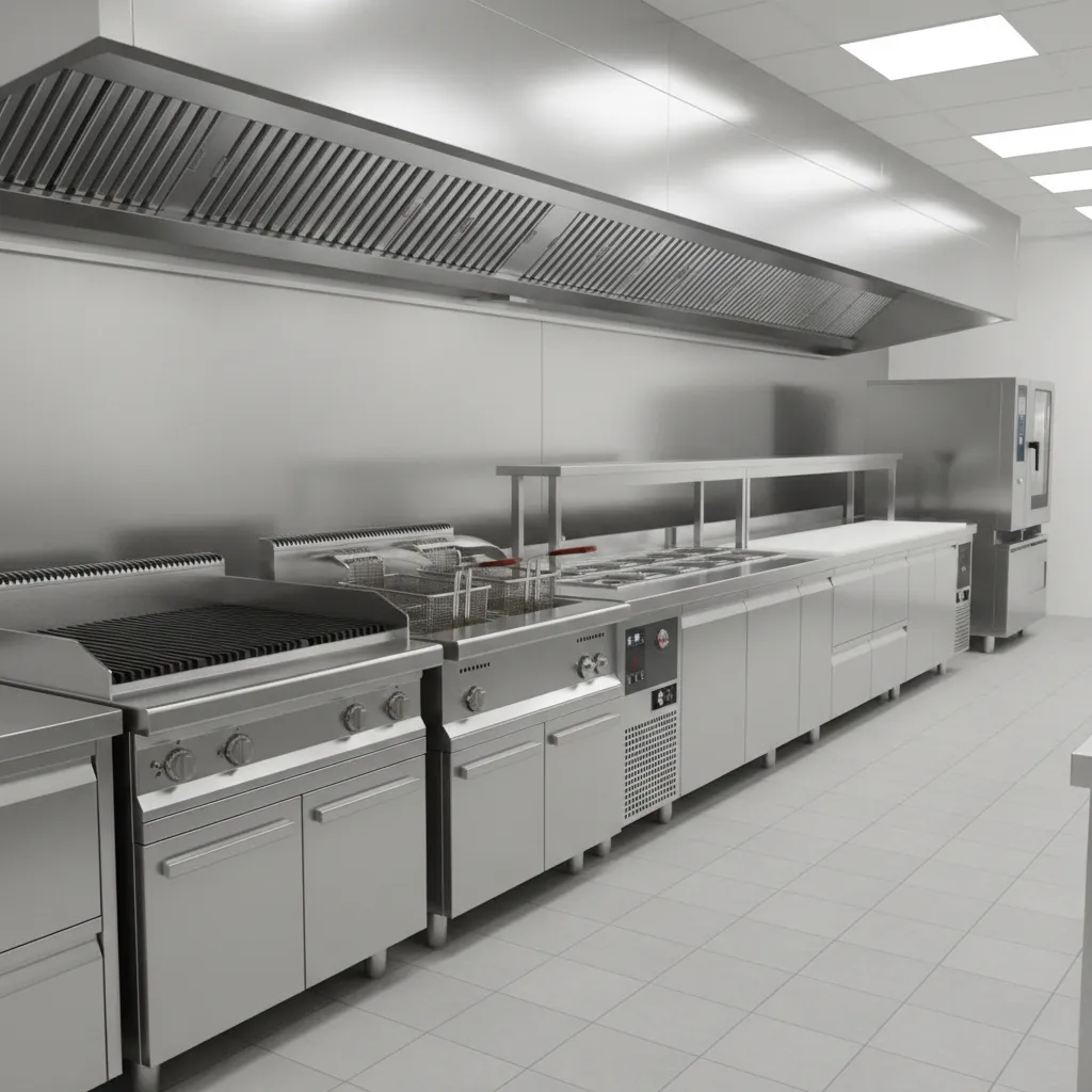 assembly line fast food kitchen design with aligned cooking stations