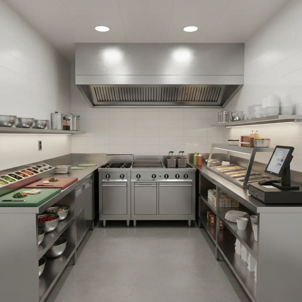 Assembly-line kitchen workflow layout for small food kiosk