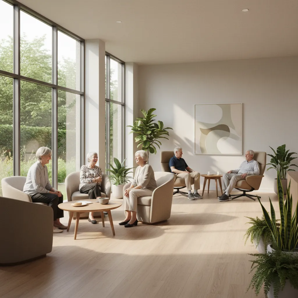 Senior residents relaxing in a comfortable assisted living community lounge