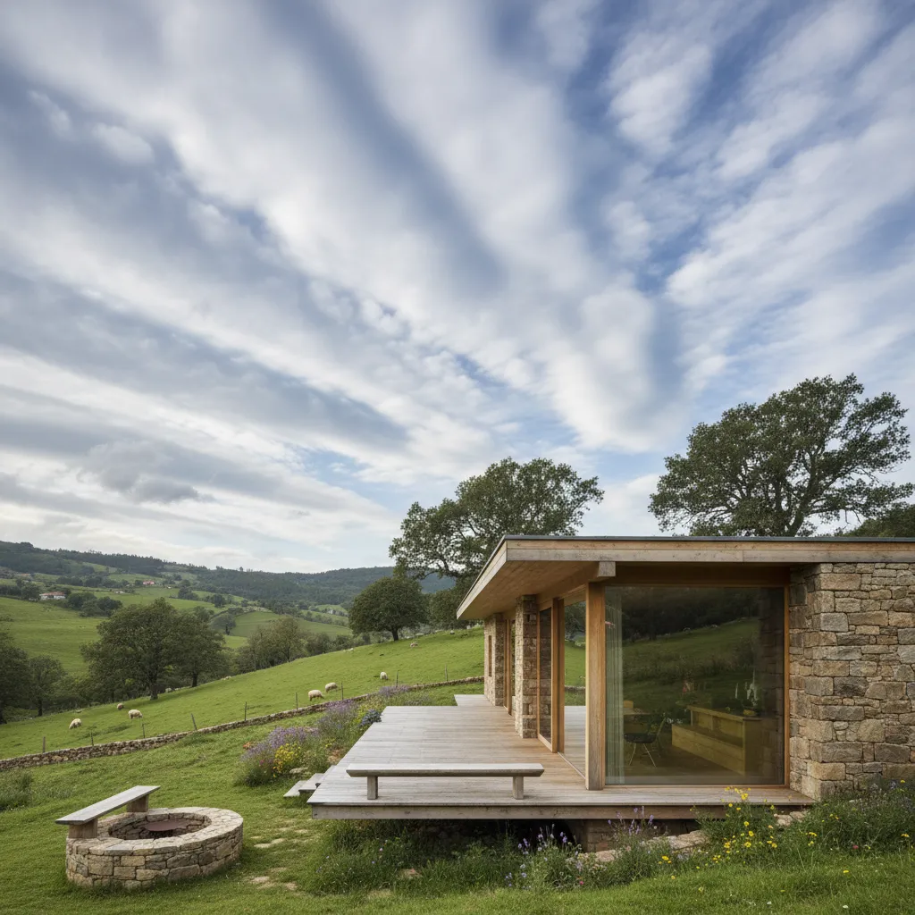 Casa asturiana con grandes ventanales abiertos al paisaje verde