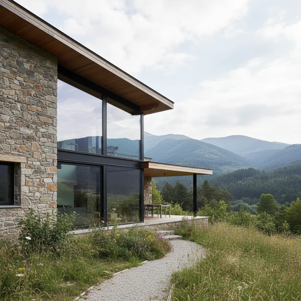 Exterior de una casa asturiana contemporánea con piedra y ventanales