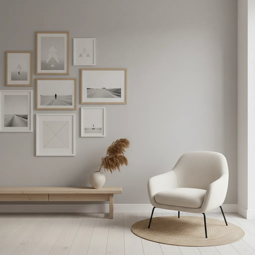 Modern asymmetrical arrangement of several 8x10 picture frames