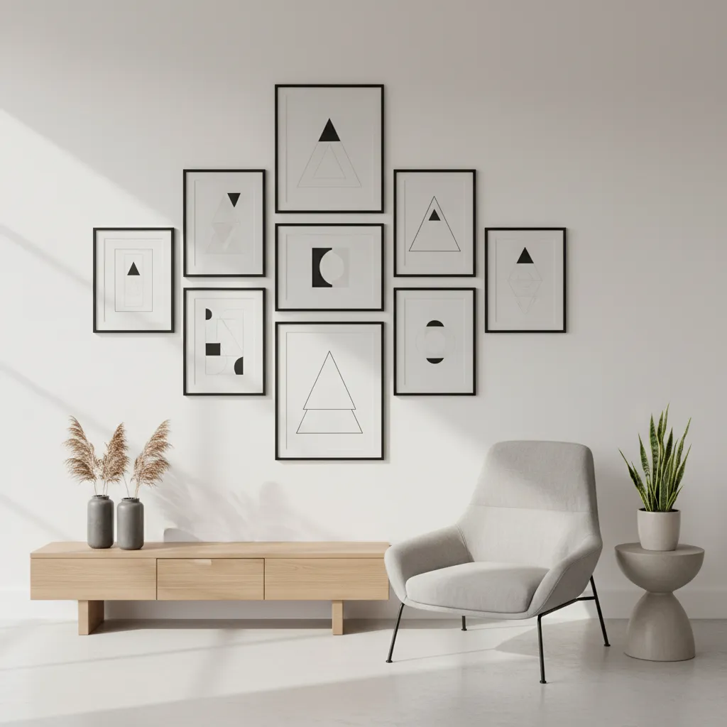 Modern asymmetrical gallery wall arrangement using 8x10 frames in a contemporary home