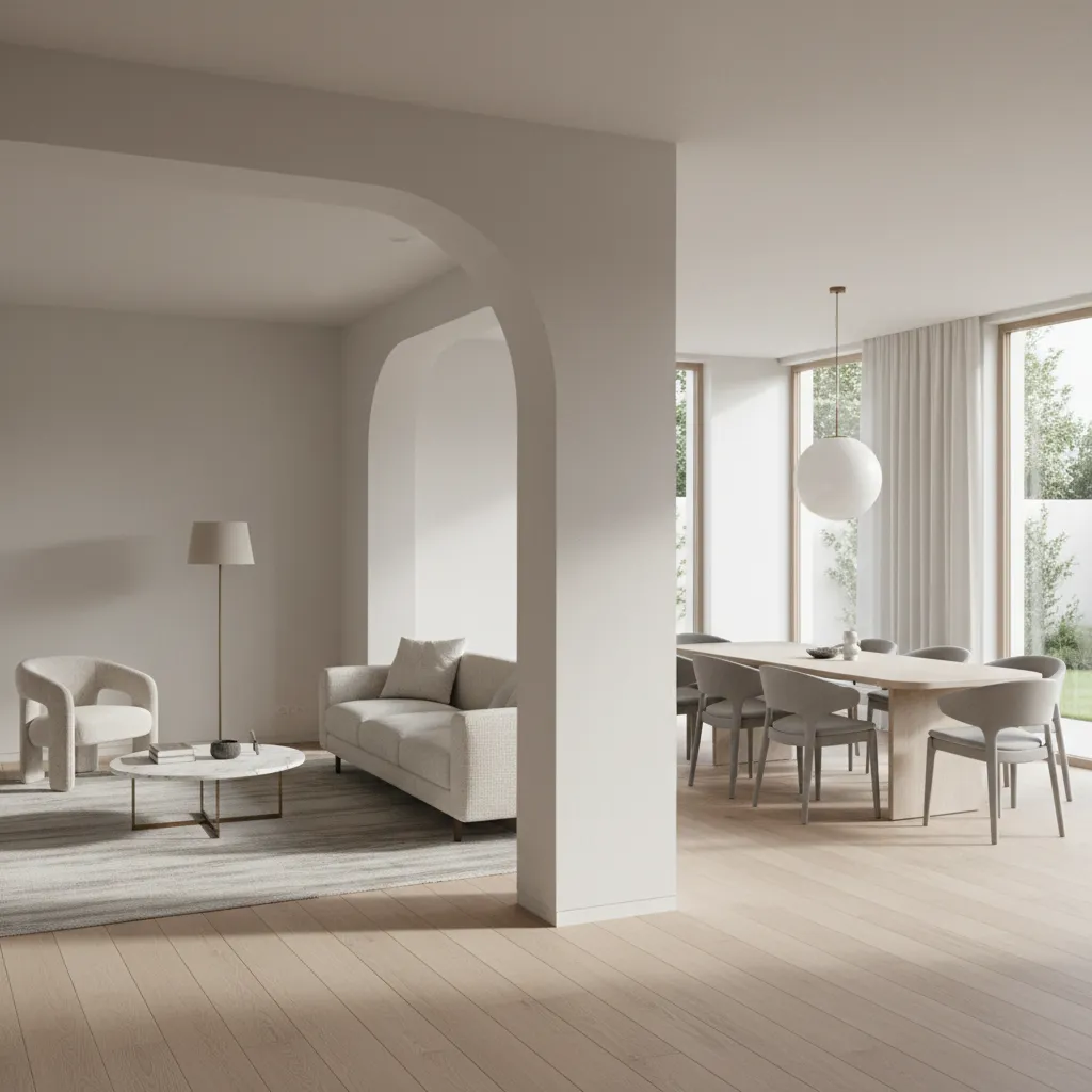 Asymmetrical arch transition between modern living room and dining area
