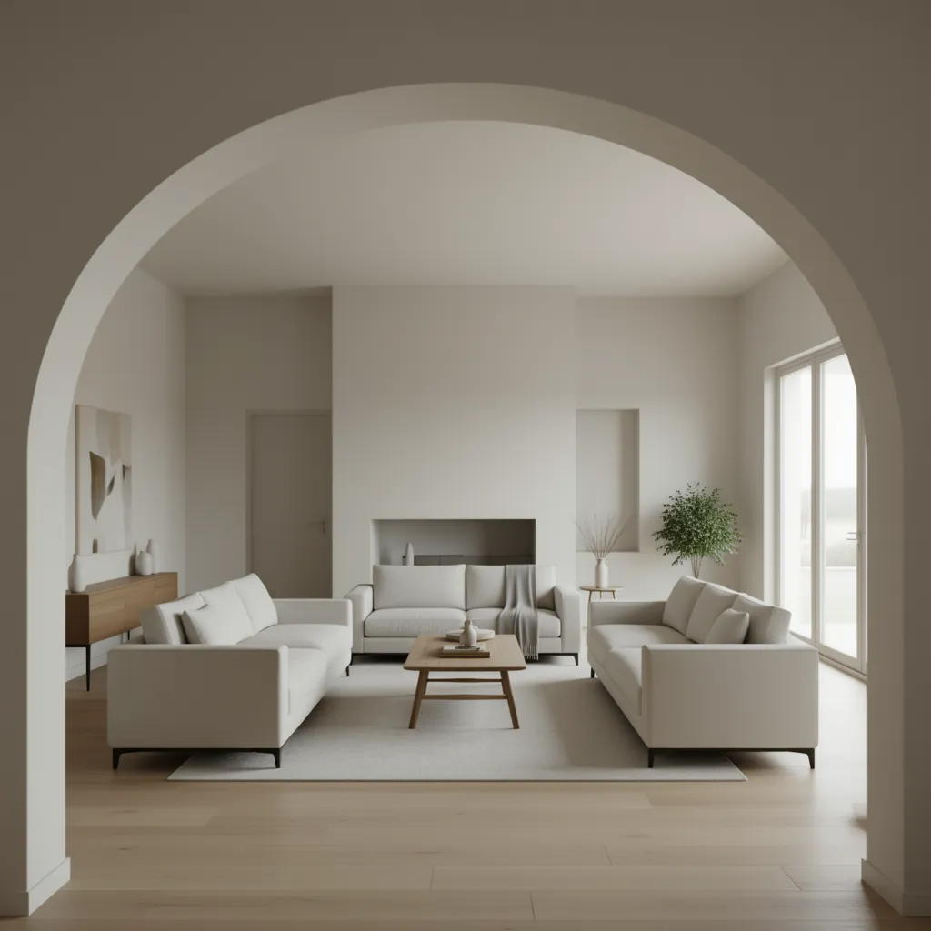 open living room with asymmetrical interior arch doorway
