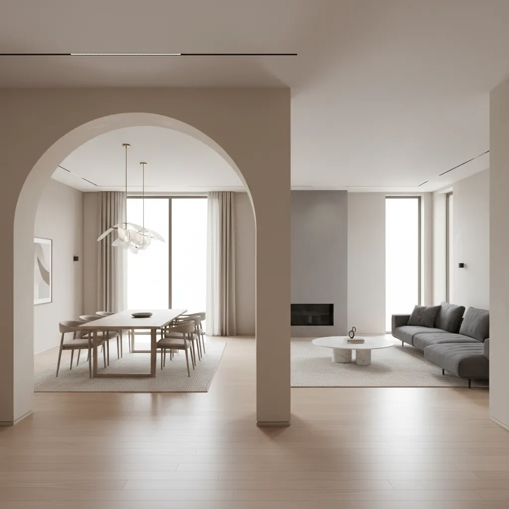 wide interior space with asymmetrical arch connecting dining and living area