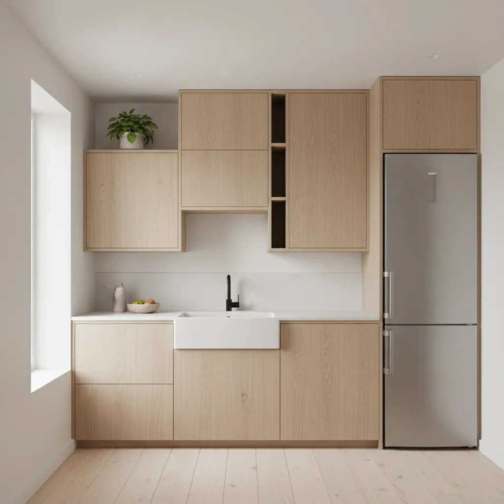 Small kitchen with staggered asymmetrical cabinets and vertical storage