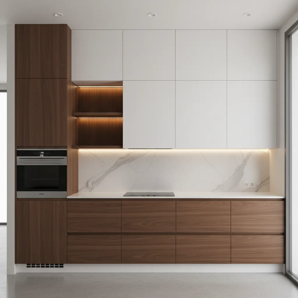 Kitchen cabinets combining wood and matte lacquer in asymmetrical design