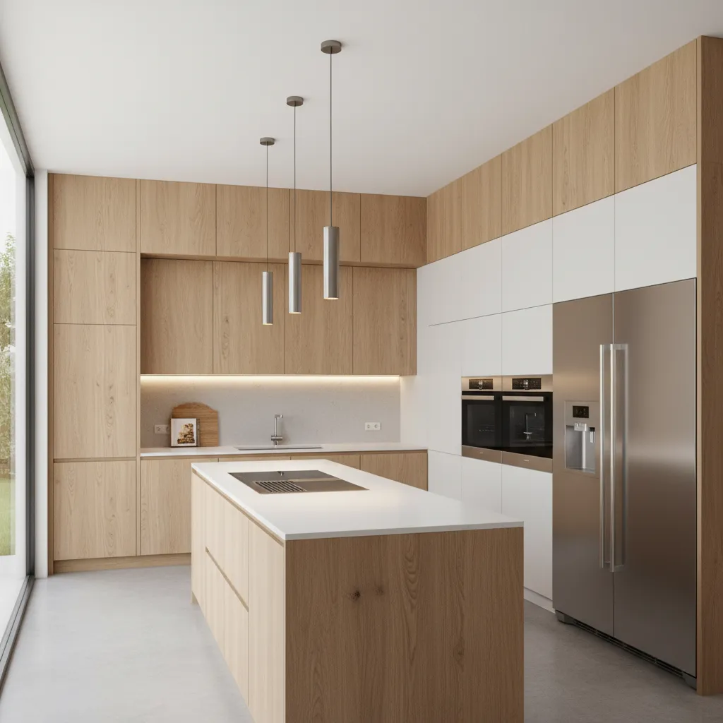 Contemporary kitchen with uneven cabinet sizes arranged in balanced asymmetrical composition
