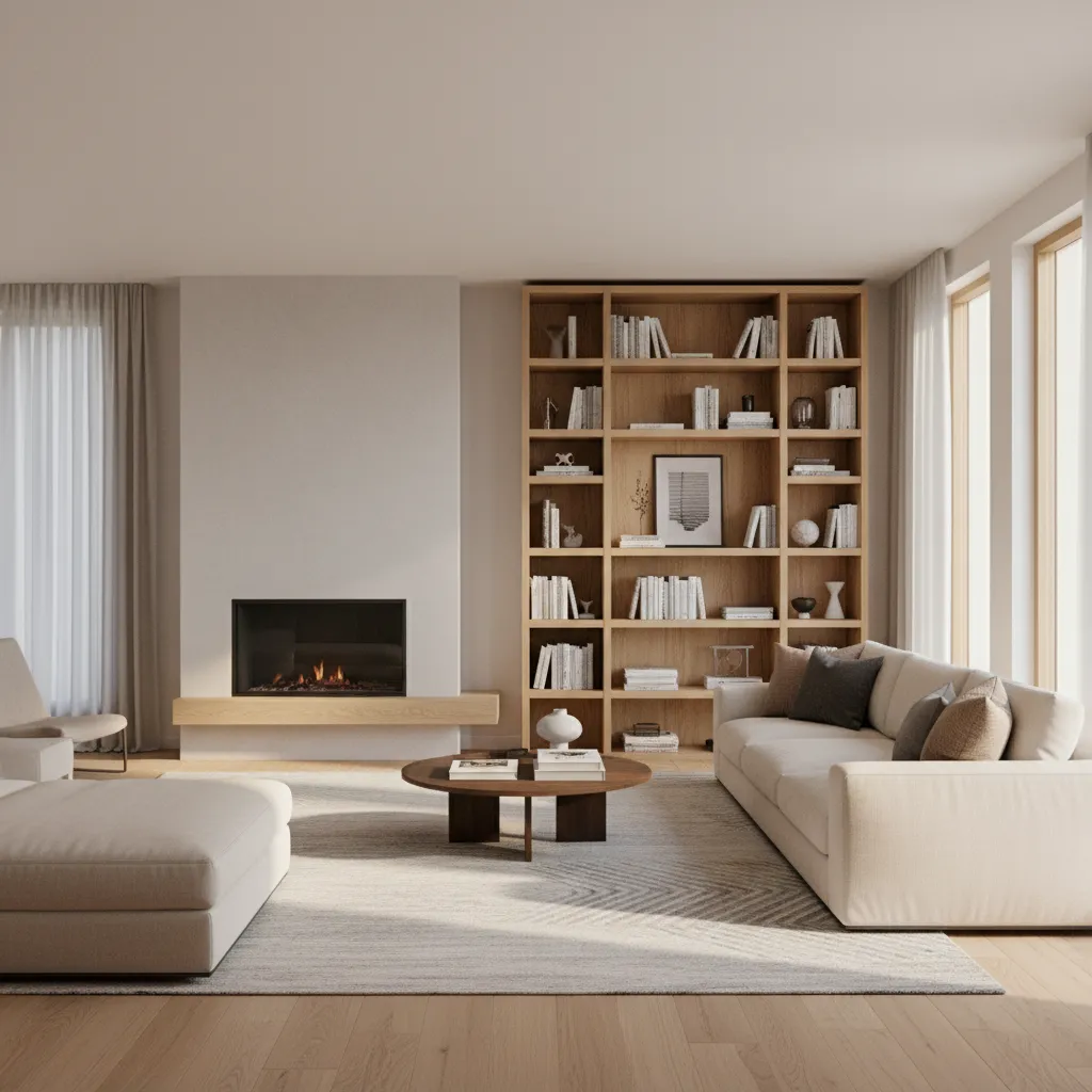 Living room with off center fireplace balanced by furniture and shelving