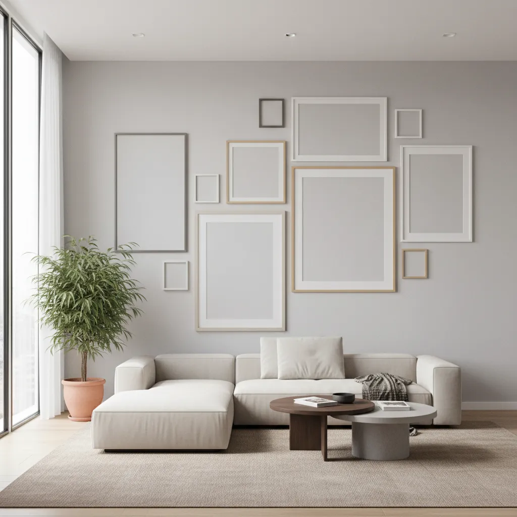 modern asymmetrical empty frame wall design with varied frame sizes
