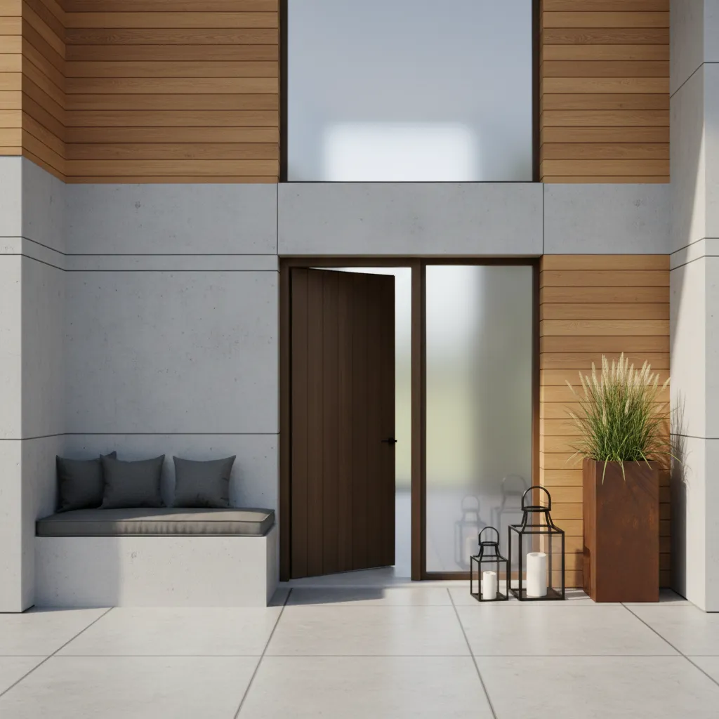 asymmetrical front porch decor with bench and planter balancing offset door